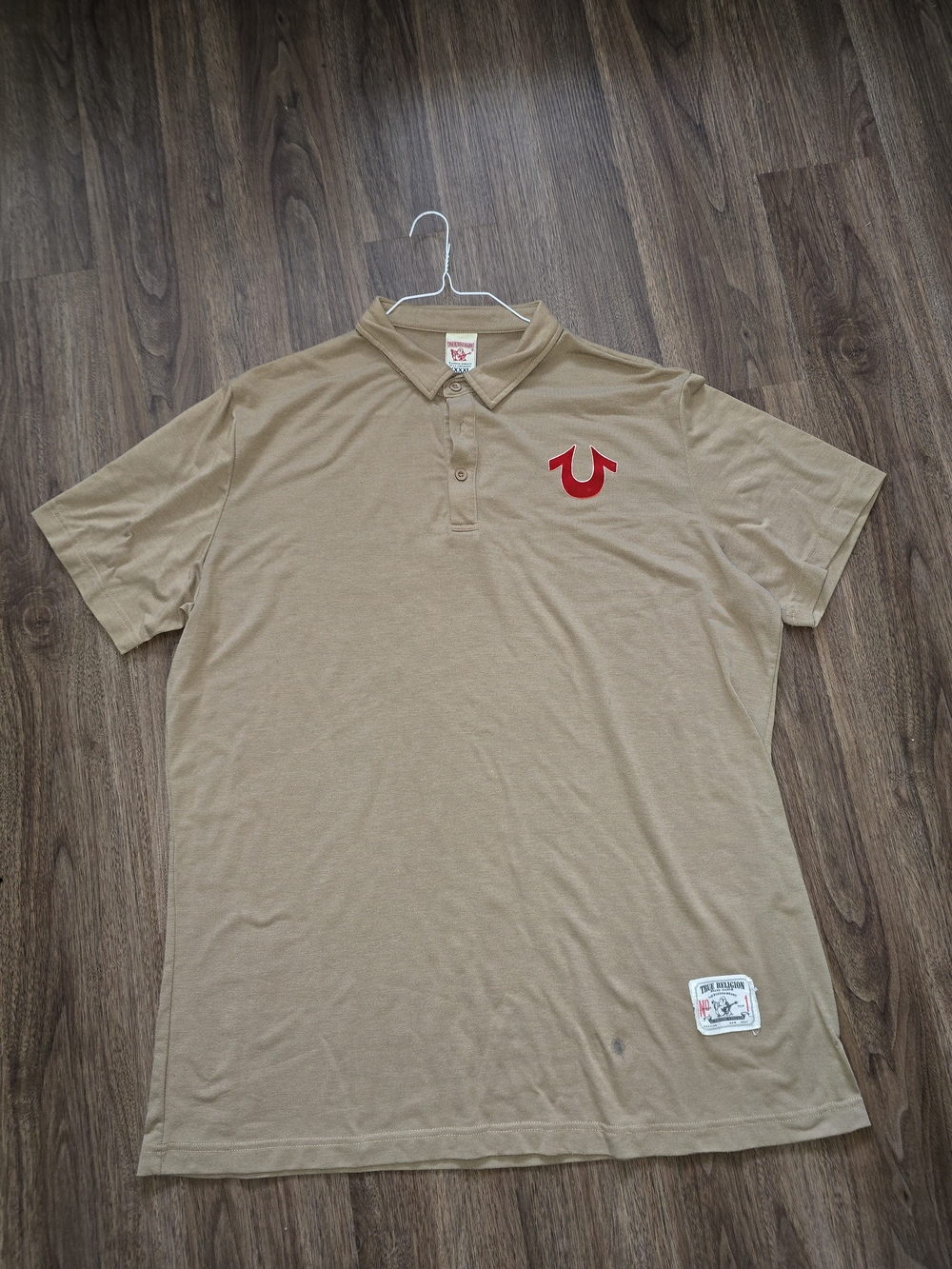 True Religion Men's Tan Polo with Red Horseshoe Logo